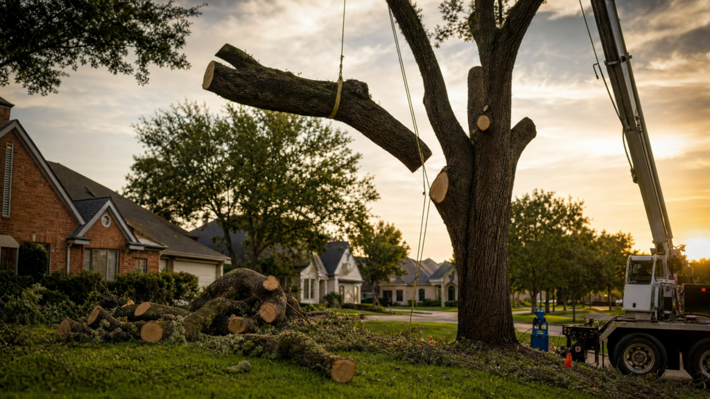 Tree removal by professional crew in Spring TX residential neighborhood