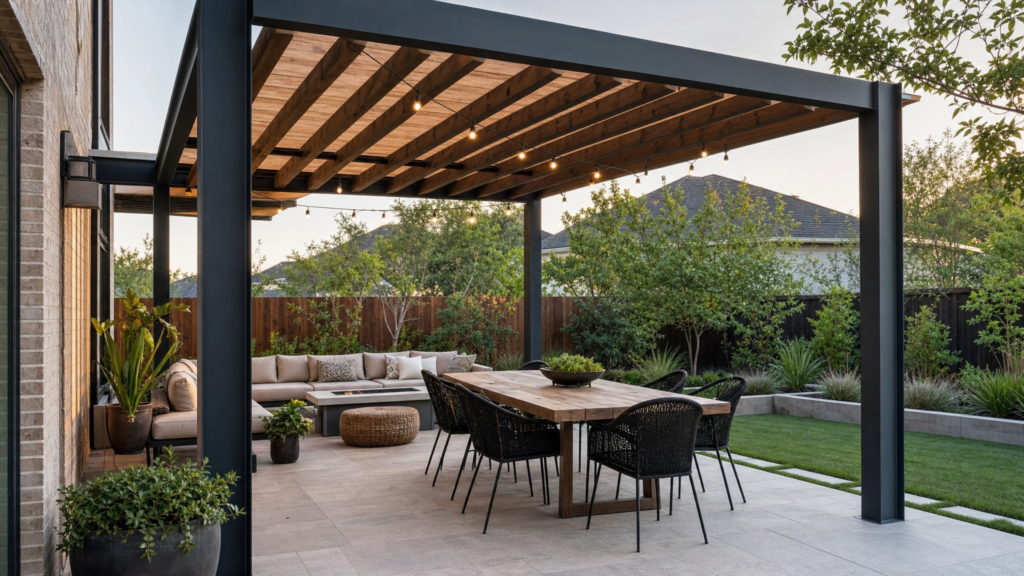 Modern pergola over a backyard patio in a Spring Texas home with green landscaping
