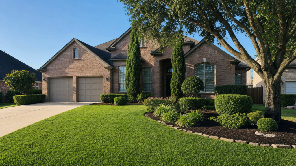 Suburban Texas home front yard with lush lawn and manicured landscape beds for curb appeal
