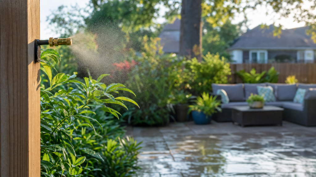 Mosquito misting nozzle on a fence post in a lush Houston backyard