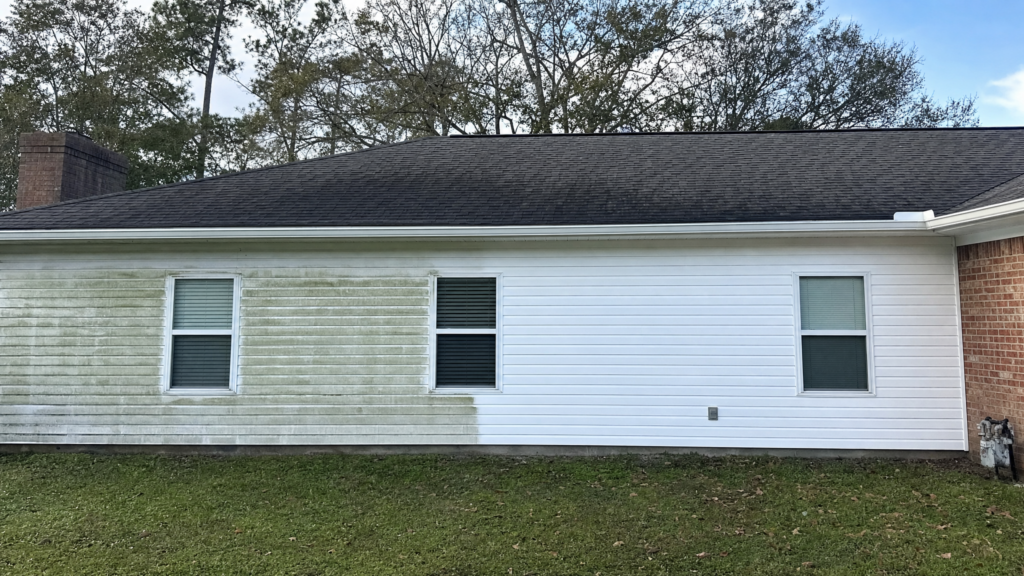 Soft washing removing algae and mold from exterior siding on a Spring TX home